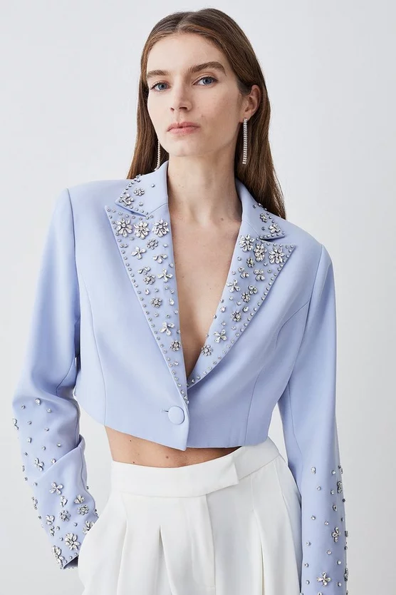 New ๐งจ Karen Millen Embellished Stretch Woven Cropped Jacket - blue ๐ 3 New ๐งจ Karen Millen Embellished Stretch Woven Cropped Jacket - blue ๐