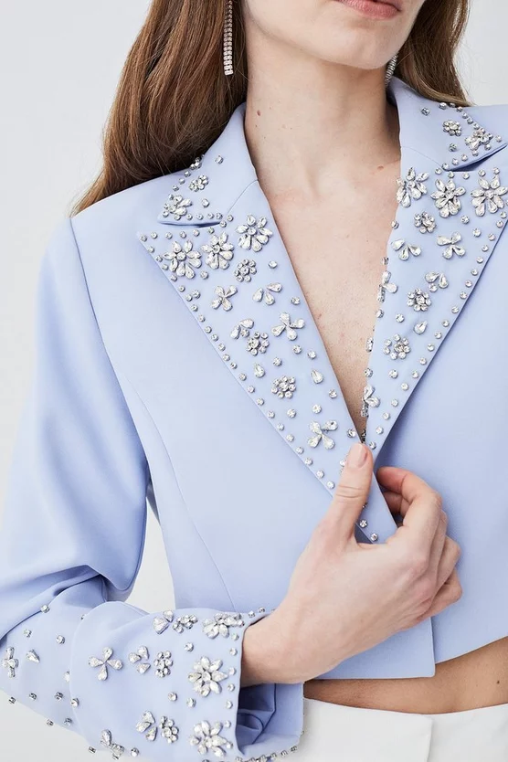 New ๐งจ Karen Millen Embellished Stretch Woven Cropped Jacket - blue ๐ 4 New ๐งจ Karen Millen Embellished Stretch Woven Cropped Jacket - blue ๐ - Image 2