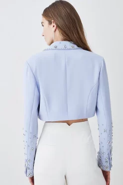 New ๐งจ Karen Millen Embellished Stretch Woven Cropped Jacket - blue ๐ 10 New ๐งจ Karen Millen Embellished Stretch Woven Cropped Jacket - blue ๐ -Karen Millen Outlet store bkk08355 blue xl 2