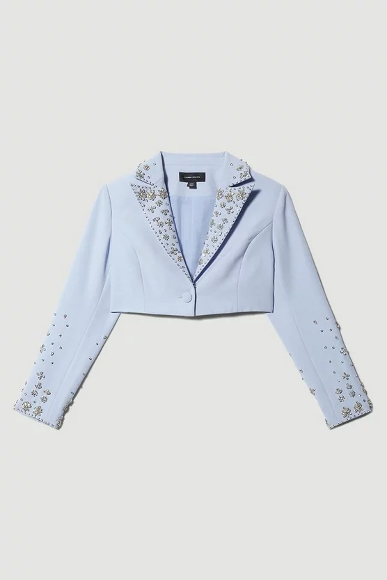 New ๐งจ Karen Millen Embellished Stretch Woven Cropped Jacket - blue ๐ 6 New ๐งจ Karen Millen Embellished Stretch Woven Cropped Jacket - blue ๐ - Image 4