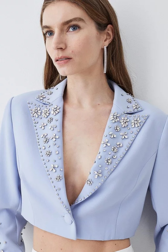 New ๐งจ Karen Millen Embellished Stretch Woven Cropped Jacket - blue ๐ 7 New ๐งจ Karen Millen Embellished Stretch Woven Cropped Jacket - blue ๐ - Image 5