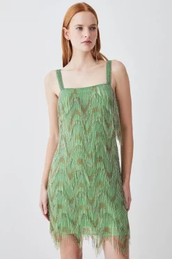 Promo โค๏ธ Karen Millen Square Neck Embellished Fringed Mini ๐ Dress - green โจ