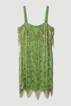 Promo ❤️ Karen Millen Square Neck Embellished Fringed Mini 👗 Dress - green ✨ -Karen Millen Outlet store bkk08390 green xl 3