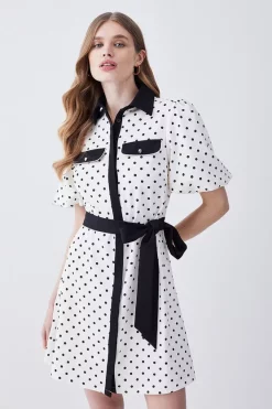 Outlet ✨ Karen Millen Pin Dot Twill Belted Mini 👗 Dress - mono 👍