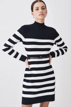 Best Pirce 🤩 Karen Millen Petite Stripe Rib Knit Belted Mini 👗 Dress 😉