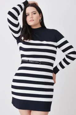 New 🛒 Karen Millen Plus Size Stripe Rib Knit Belted Mini 👗 Dress 🤩