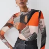 Best Sale ✨ Karen Millen Printed Long Sleeve Viscose Blend Keyhole Cut Out Jersey Top 🎉