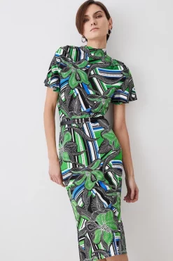 Hot Sale 🎉 Karen Millen Angel Sleeve Belted Viscose Blend Jersey Midi 👗 Dress 😀