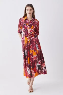 Deals ⭐ Karen Millen Tropical Floral Premium Linen Woven 👕 Shirt 👗 Dress - orange 💯