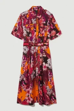 Deals ⌛ Karen Millen Plus Size Tropical Floral Premium Linen Woven 👕 Shirt 👗 Dress - orange 🌟 -Karen Millen Outlet store bkk08553 orange xl 3