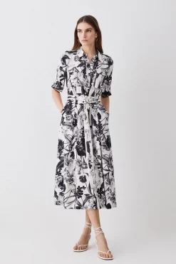 Deals 🥰 Karen Millen Petite Floral Batik Premium Linen Woven 👕 Shirt 👗 Dress - mono 🥰