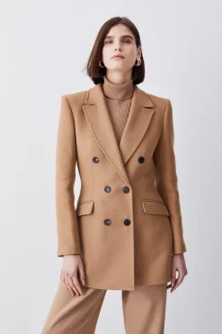 New 🌟 Karen Millen Italian Virgin Wool Double Breasted Short 🧥 Coat - camel 🔔