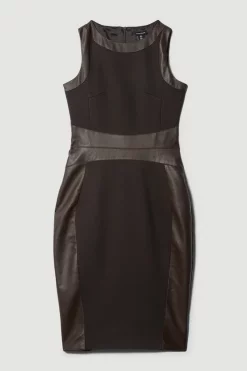 Best deal 🔔 Karen Millen Ponte And Faux Leather Pencil Midi 👗 Dress 🛒 -Karen Millen Outlet store bkk08621 chocolate xl 3