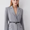 Buy 🛒 Karen Millen Strong Shoulder Tailored Belted Single Breasted Jacket - grey marl 🔔 -Karen Millen Outlet store bkk08673 grey20marl xl