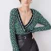 Deals ✔️ Karen Millen Printed Wrap Front Long Sleeve Viscose Blend Jersey Top - geo 👍 -Karen Millen Outlet store bkk08765 geo xl