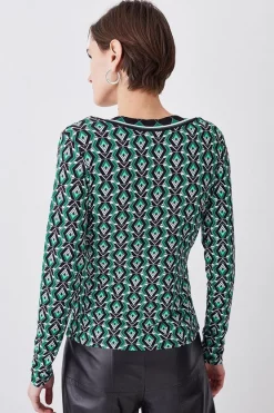 Deals ✔️ Karen Millen Printed Wrap Front Long Sleeve Viscose Blend Jersey Top - geo 👍 -Karen Millen Outlet store bkk08765 geo xl 2