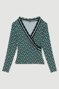 Deals ✔️ Karen Millen Printed Wrap Front Long Sleeve Viscose Blend Jersey Top - geo 👍 -Karen Millen Outlet store bkk08765 geo xl 3
