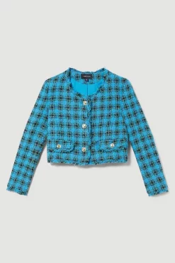Deals ✔️ Karen Millen Italian Check Boucle Tailored Collarless Jacket 👍 -Karen Millen Outlet store bkk08812 blue xl 3