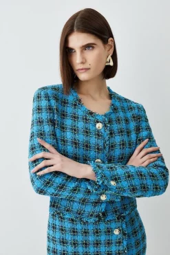 Deals ✔️ Karen Millen Italian Check Boucle Tailored Collarless Jacket 👍 -Karen Millen Outlet store bkk08812 blue xl 5
