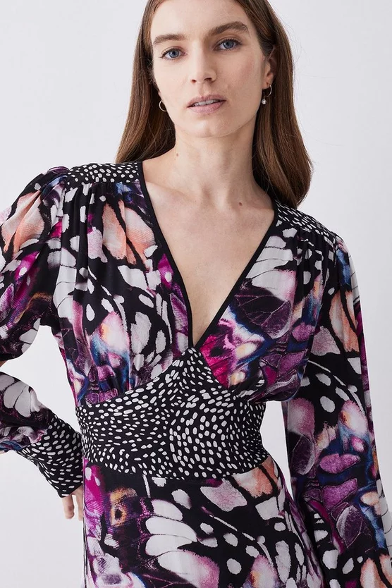 Brand new 🔔 Karen Millen Butterfly Print Plunge Neck Woven Midi 👗 Dress - purple 👍 4 Brand new 🔔 Karen Millen Butterfly Print Plunge Neck Woven Midi 👗 Dress - purple 👍 - Image 2