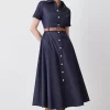 Budget 🥰 Karen Millen Tailored Denim Belted Midi 👕 Shirt 👗 Dress - denim-blue 💯 -Karen Millen Outlet store bkk08938 denim blue xl