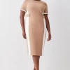 Wholesale 🥰 Karen Millen Plus Size Compact Stretch Contrast Panel Midi Pencil 👗 Dress - camel 🎉 -Karen Millen Outlet store bkk09116 camel xl