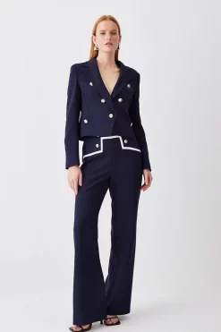Best Sale 🤩 Karen Millen Compact Stretch Nautical Button Front Wide Leg Trouser - navy 🔔
