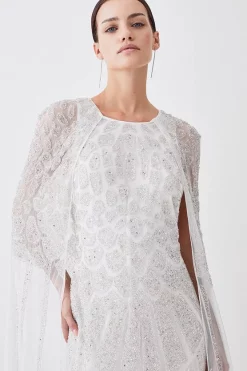 Cheap 🎁 Karen Millen Petite Premium Embellished Caped Maxi 👗 Dress - ivory 😍 -Karen Millen Outlet store bkk09251 ivory xl 4