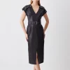 New 🎉 Karen Millen Tall Leather Button Detail Shoulder Belted Midi Pencil 👗 Dress - black 😍