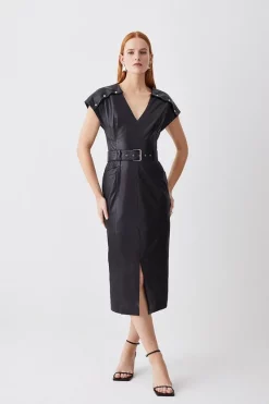 New 🎉 Karen Millen Tall Leather Button Detail Shoulder Belted Midi Pencil 👗 Dress - black 😍