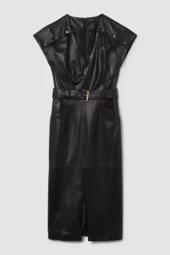 New 🎉 Karen Millen Tall Leather Button Detail Shoulder Belted Midi Pencil 👗 Dress - black 😍 -Karen Millen Outlet store bkk09264 black xl 3