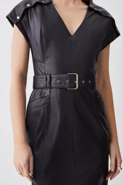 New 🎉 Karen Millen Tall Leather Button Detail Shoulder Belted Midi Pencil 👗 Dress - black 😍 -Karen Millen Outlet store bkk09264 black xl 4