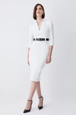 Cheap 🥰 Karen Millen Compact Stretch Belted Forever Belted Pencil Midi 👗 Dress - ivory 👍