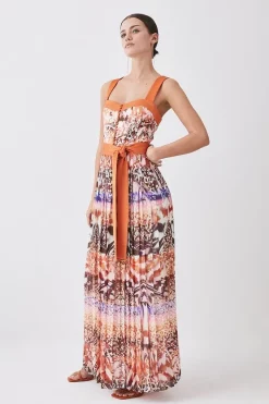 Buy ✨ Karen Millen Petite Top Stitch Pleated Mixed Animal Detail Woven Midi 😉