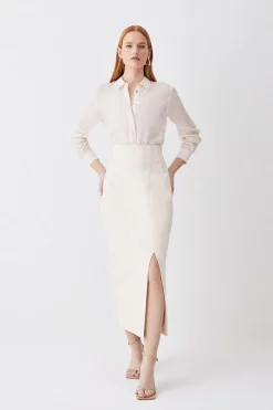 Hot Sale 👏 Karen Millen Petite Compact Stretch Corset Seamed Midi 👗 Skirt - cream 🛒