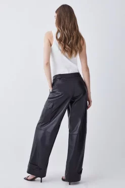 New 👍 Karen Millen Leather Wide Leg Cargo Trouser ✔️ -Karen Millen Outlet store bkk09775 black xl 2