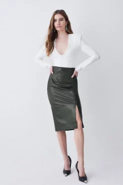 Deals 🎁 Karen Millen Leather High Waisted Pencil Midi 👗 Skirt - olive 🛒