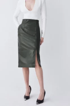 Deals 🎁 Karen Millen Leather High Waisted Pencil Midi 👗 Skirt - olive 🛒 -Karen Millen Outlet store bkk09852 olive xl 4