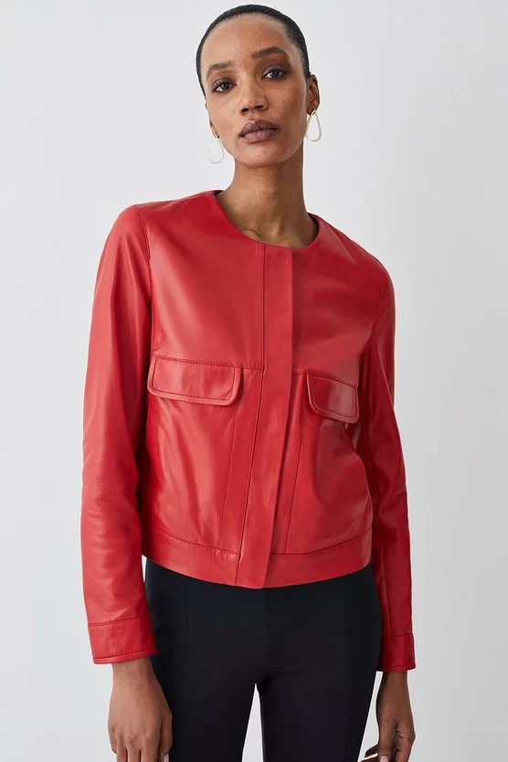 Discount π Karen Millen Leather Collarless Pocket Detail Jacket - red π₯° 8 Discount π Karen Millen Leather Collarless Pocket Detail Jacket - red π₯° - Image 6