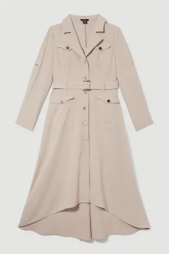 Best deal 🎉 Karen Millen Petite Soft Tailored Belted Crepe High Low 👕 Shirt Midi 👗 Dress - stone ❤️ -Karen Millen Outlet store bkk09927 stone xl 3