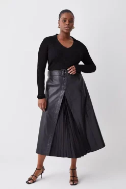 Deals โจ Karen Millen Plus Size Leather Belted Pleat Detail Midi ๐ Skirt - black ๐