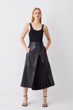 New ✔️ Karen Millen Belted Pleat Detail Leather Midi 👗 Skirt - black 🥰