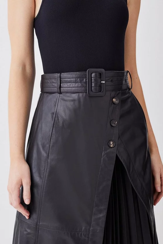 New ✔️ Karen Millen Belted Pleat Detail Leather Midi 👗 Skirt - black 🥰 4 New ✔️ Karen Millen Belted Pleat Detail Leather Midi 👗 Skirt - black 🥰 - Image 2
