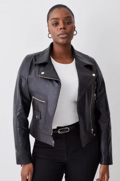 New ๐ฏ Karen Millen Plus Size Leather Pocket Detail Biker Jacket - black ๐