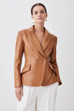Wholesale 💯 Karen Millen Petite Leather Corset Waist Back Tailored Blazer Jacket - camel 😀