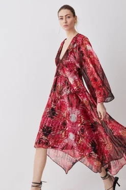 Promo ๐ Karen Millen Embroidery Placed Floral Kimono Woven Midi ๐ Dress - red ๐