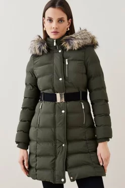 Buy 😍 Karen Millen Belted Puffer Faux Fur Midi Length Hooded 🧥 Coat ⌛ -Karen Millen Outlet store womens berry belted puffer faux fur midi length hooded coat 1