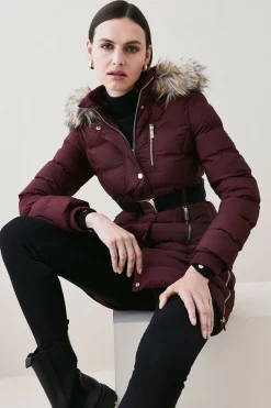 Buy 😍 Karen Millen Belted Puffer Faux Fur Midi Length Hooded 🧥 Coat ⌛ -Karen Millen Outlet store womens berry belted puffer faux fur midi length hooded coat 2