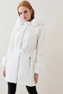 Best Sale 👏 Karen Millen Signature Quilt Faux Fur Trim Belted Midi 🧥 Coat 💯 -Karen Millen Outlet store womens berry signature quilt faux fur trim belted midi coat