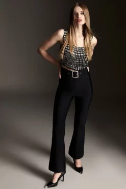 Budget ✔️ Karen Millen Bandage Form Fitting Belted Flare Trousers - black ✨ -Karen Millen Outlet store womens black bandage form fitting belted flare trousers